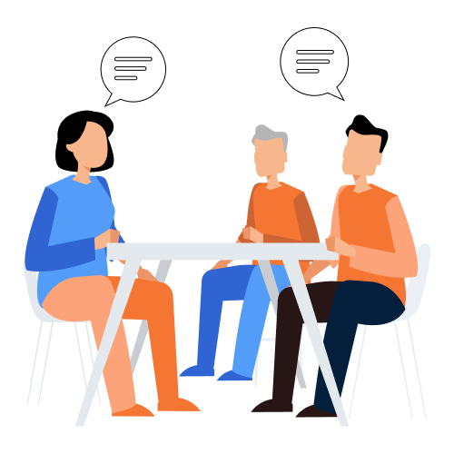 Illustration of three people sitting around a table, engaged in a discussion. Two individuals are wearing orange shirts, and one person is wearing a blue shirt