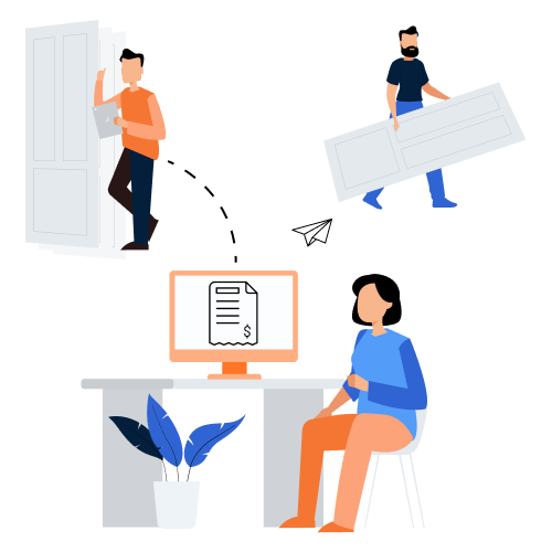 Illustration of three people: one person standing near a door holding a tablet, another person carrying a large door, and a seated person at a desk with a computer displaying a document and dollar symbol. A potted plant is placed on the desk.