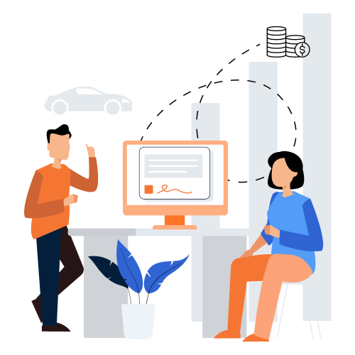 Illustration of two people having a discussion at a desk with a computer displaying a document. A car icon is floating above, and tall structures or pillars are shown in the background. A potted plant is on the desk