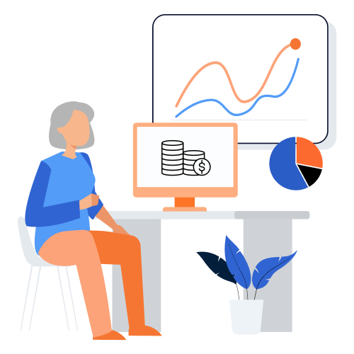 Illustration of a person sitting at a desk with a computer displaying a stack of coins and a dollar symbol. A whiteboard with line graphs and a pie chart is in the background, along with a potted plant on the desk.