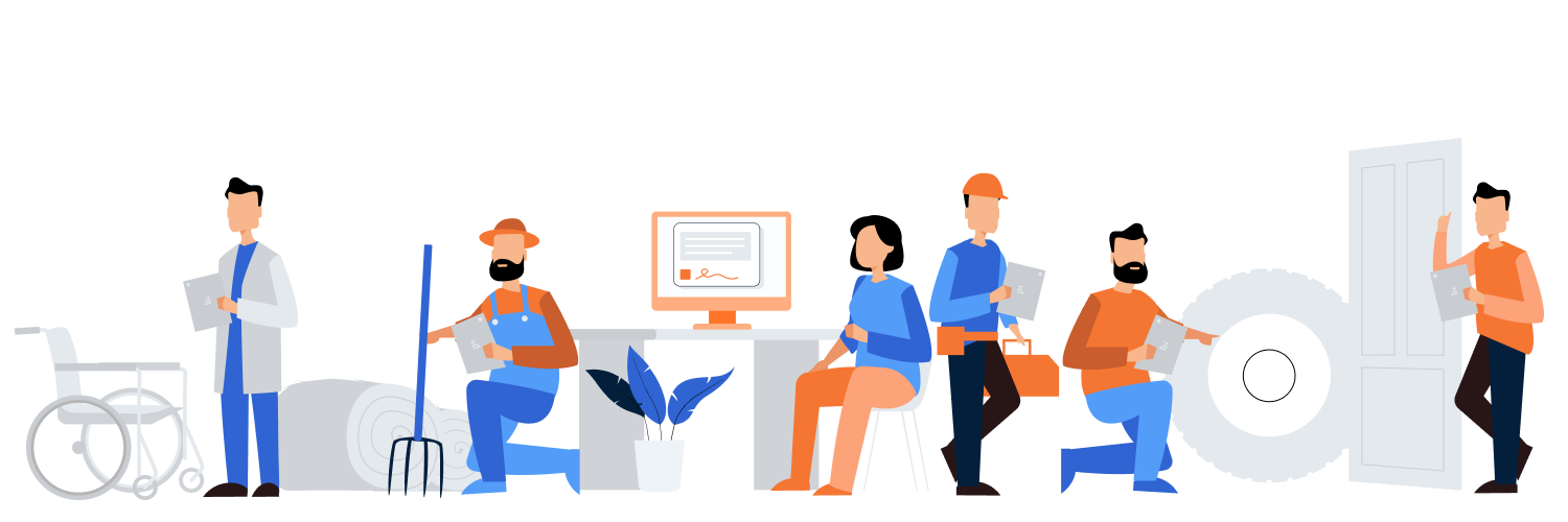 Illustration of diverse workers in various roles, and a technician kneeling beside a gear. A person is also shown standing near a door, holding a tablet