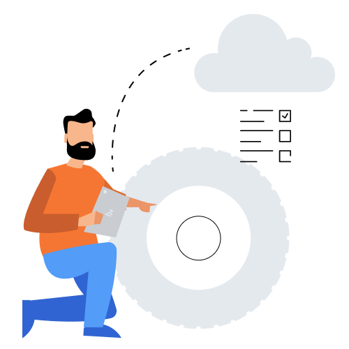Illustration of a person kneeling beside a large gear or wheel, holding a tablet and pointing at it. A cloud is shown in the background above the gear.